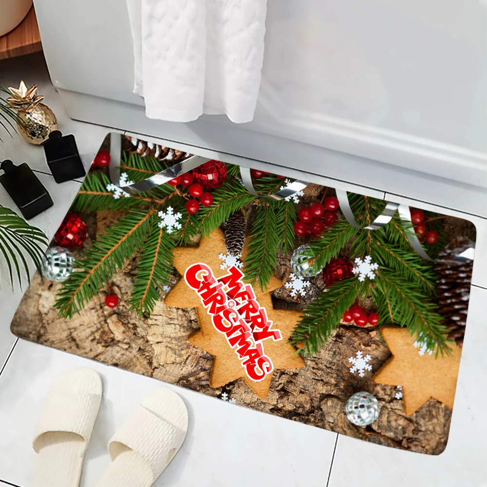 Merry Christmas Doormat Evergreen Cypress Printed Decor Carpet Non Slip Flannel Doormat for Bathroom and Living Room Kitchen Mat