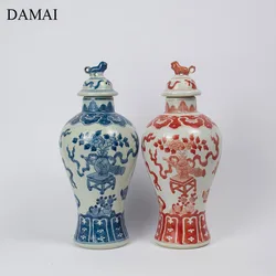 Lion Decorative Ceramic Vase Chinese Painted Vintage Blue White Porcelain Crafts Flowers Vases Living Room Decoration Ornaments