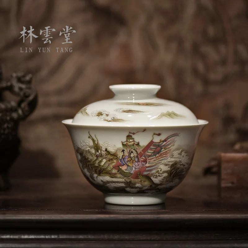 Lin Yuntang manual hand-painted pastel figure of goddess tureen jingdezhen ceramic secondary bowl antique tea set