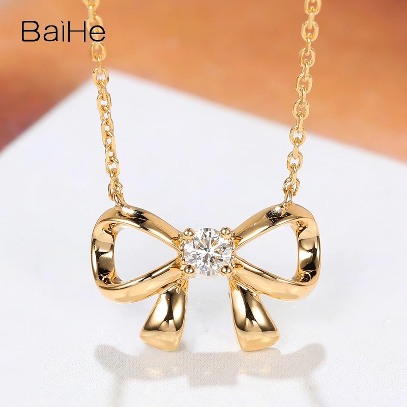 BAIHE Real Solid 18K Yellow Gold H/SI Natural Diamond Bowknot Necklace Women Clavicle Chain Fine Jewelry Making Collar de lazo