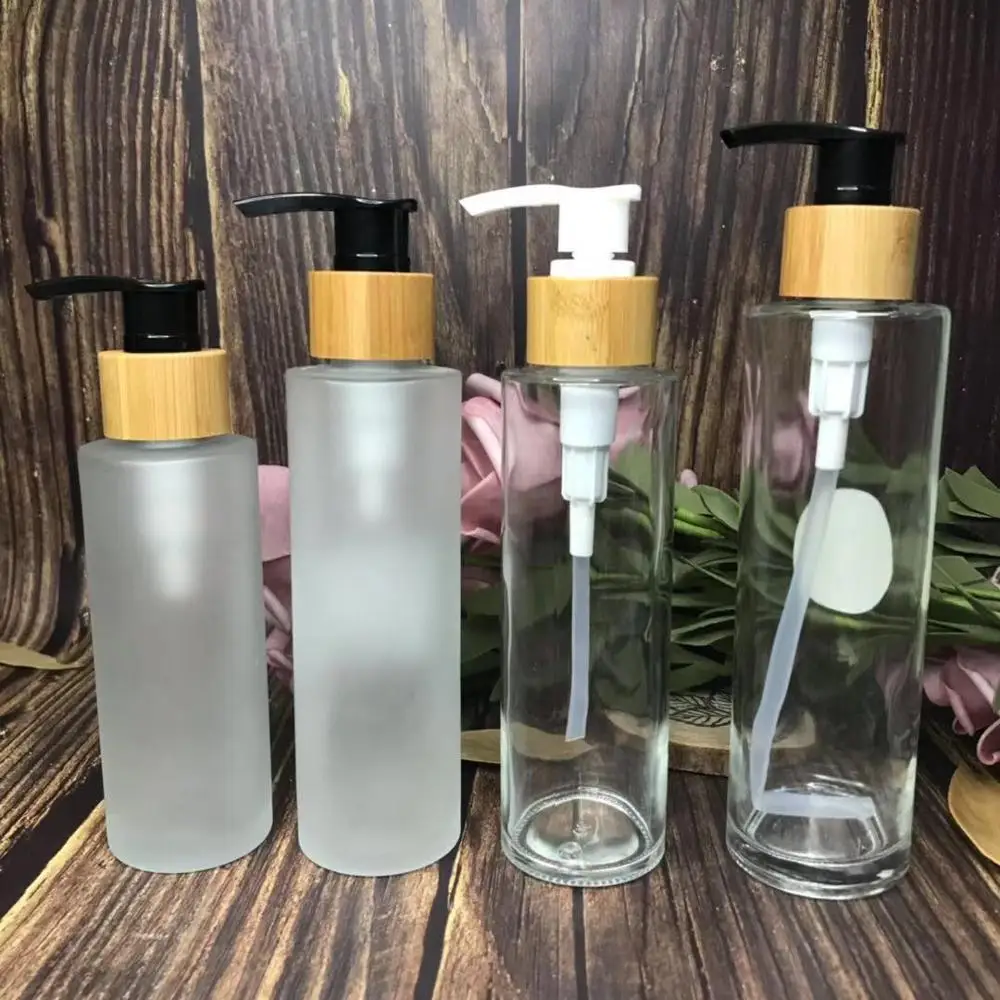 

100ml frosted glass spray bottle bamboo lotion bottles with black pump cap, shampoo skin care clear glass bottle jar