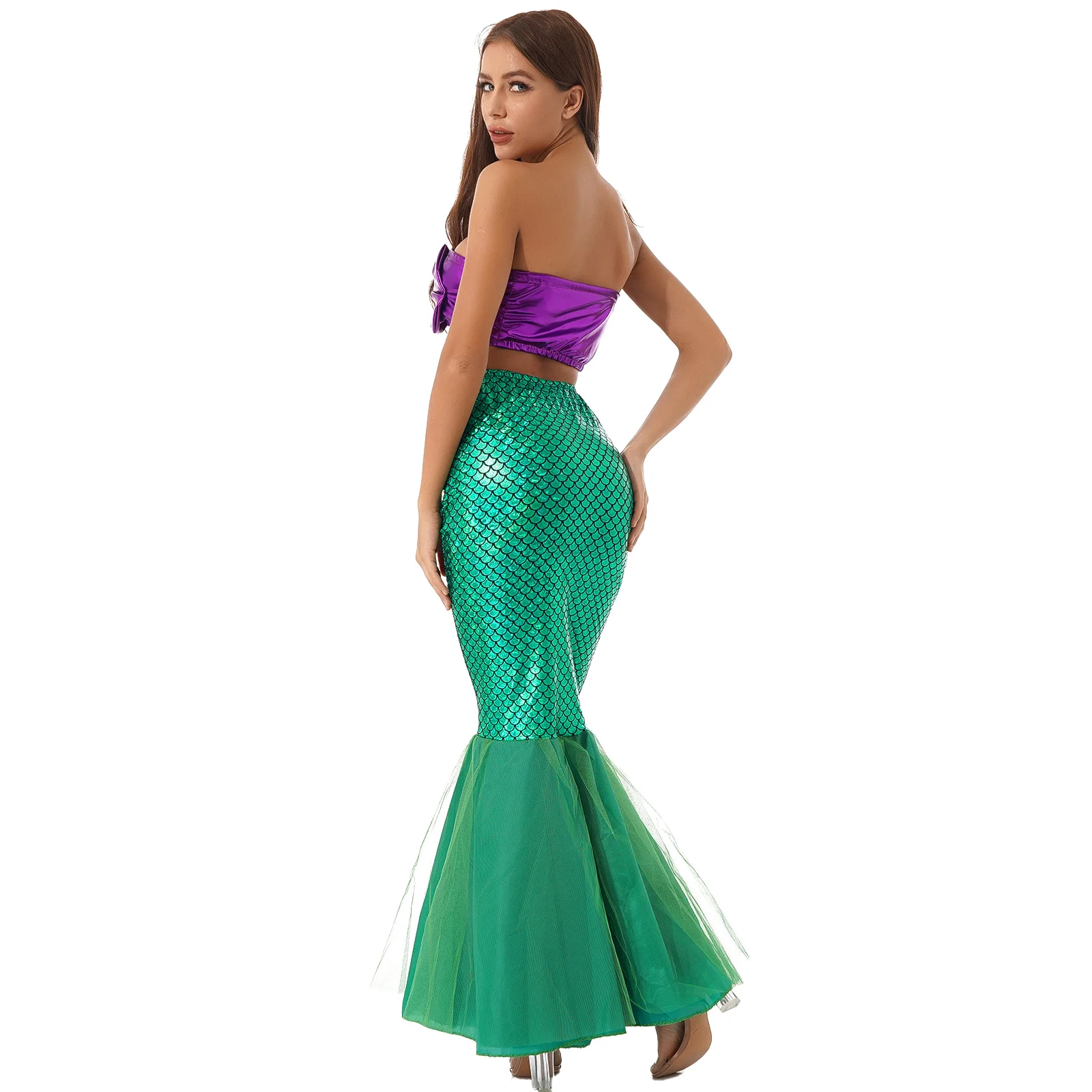 Womens Ladies Mermaid Cosplay For Cosplay Roleplay Strapless Padded Crop Top with Fish Scale Print Skirt for Stage Performance