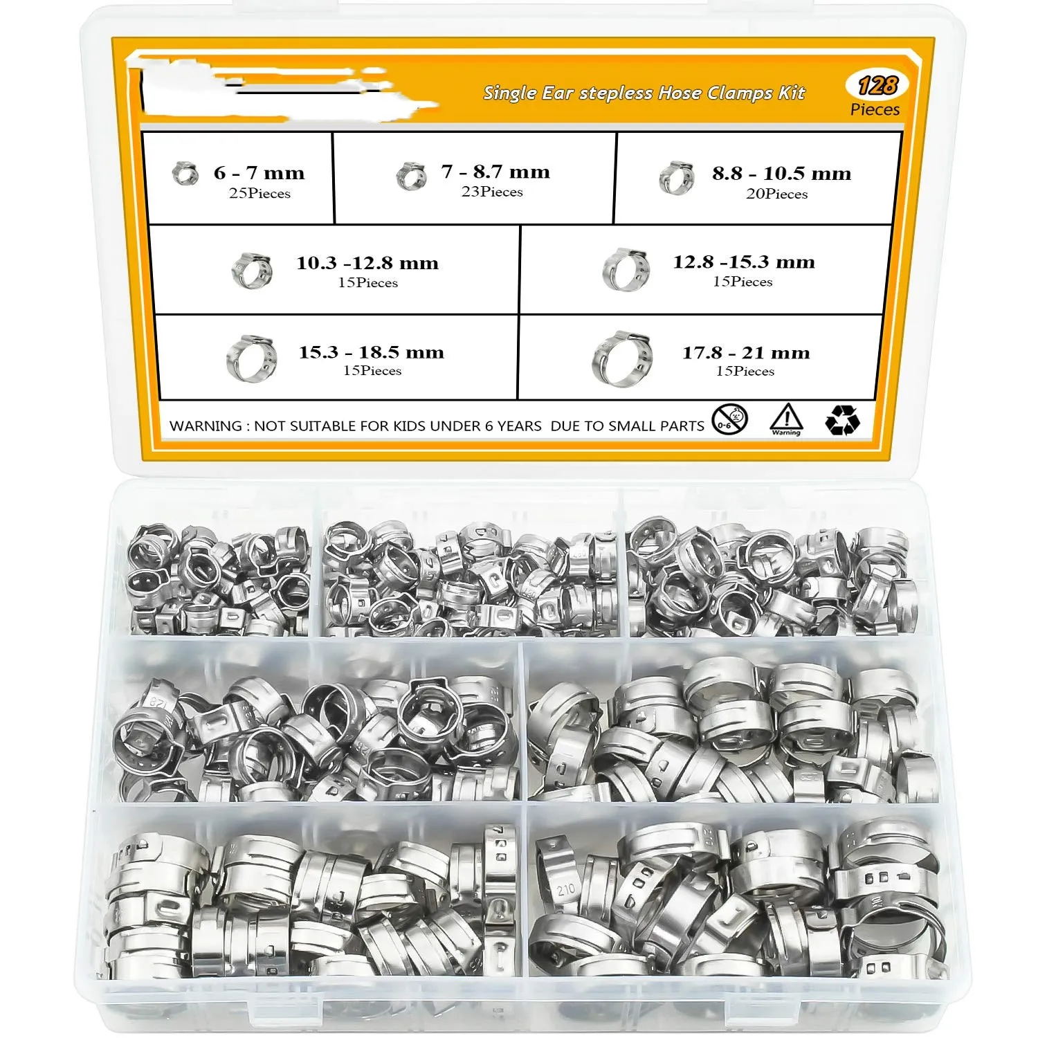 128pcs 304 Stainless Steel Single Ear Stepless Hose Clamps Clamp Assortment Kit Crimp Pinch Rings for Securing Pipe Hoses