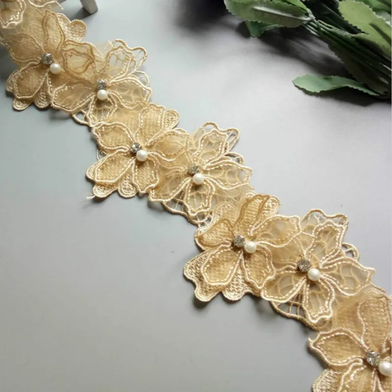 

2 yards Gold Pearl Flower Handmade Beaded Embroidered Net Lace Trim Ribbon Double Layered Applique Dress DIY Sewing Craft