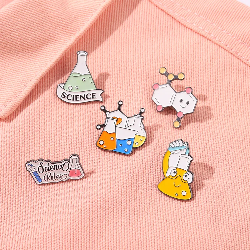 Chemical equation series pins, wholesale cartoon alloy brooches, cute beaker test tube cup shape paint badge, gift for friends