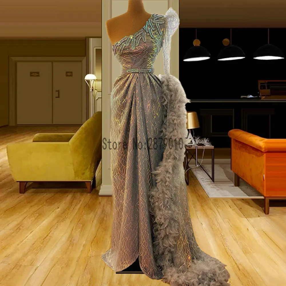 Arabic Style One Shoulder Evening Dresses Long Sleeve Feathers Muslim Mermaid Evening Gowns Longue Robes Vestiti da sera