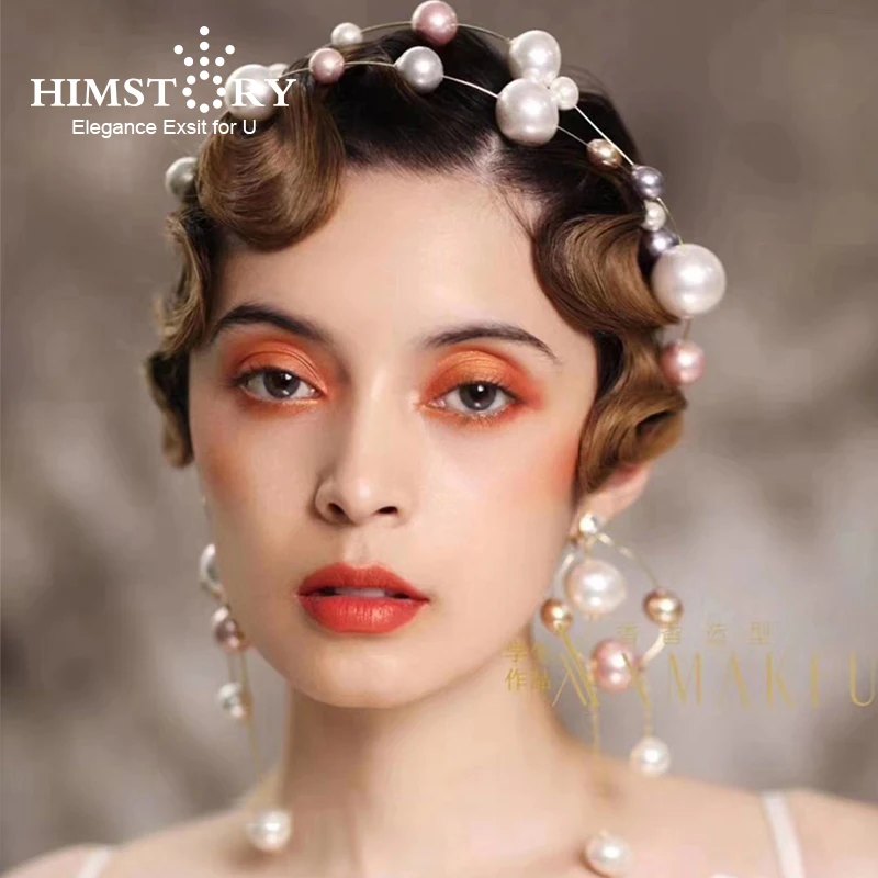 Himstory High Quality European Pearls Brides Headband with Earring  Headband Wedding Hair Accessory Prom Party Evening Headdress