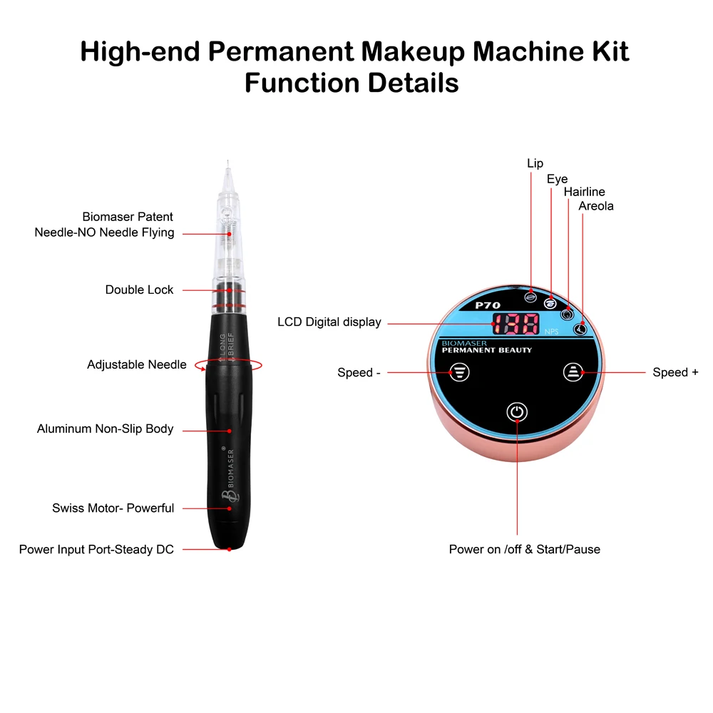 Biomaser Microblading Machine Kit Digital Tattoo Machine Strong Motor for Eyebrow Lips Permanent Makeup With Cartridge Needle