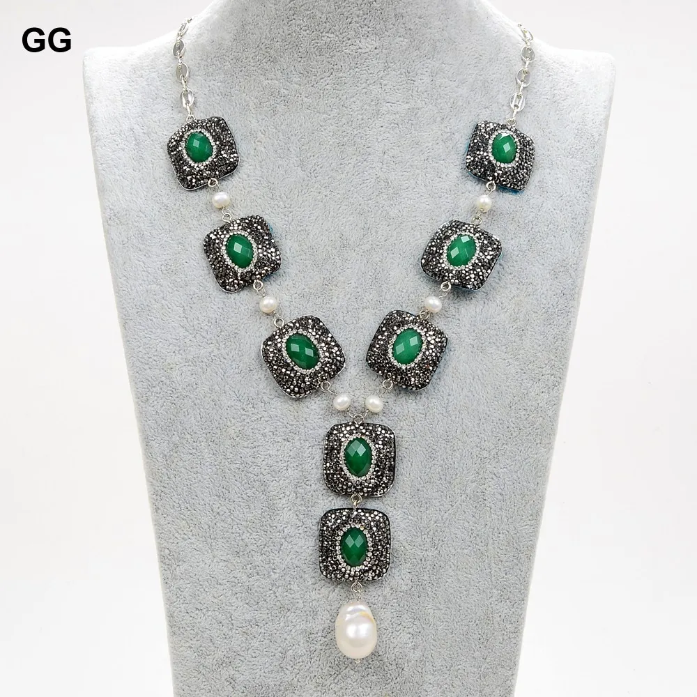 

GG 19" 25mm Green Jade CZ Paved White Round Pearl Necklace Keshi Pearl Pendant Earrings Set