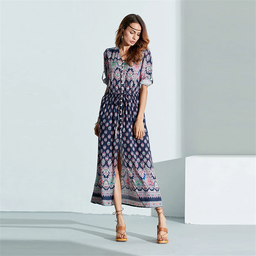 S-5XL Bohemia Maxi kobieta sukienka z nadrukiem kobieta Sexy dekolt lato plaża Vestidos kobiety luźny z kwiatowym motywem Retro długie sukienki na