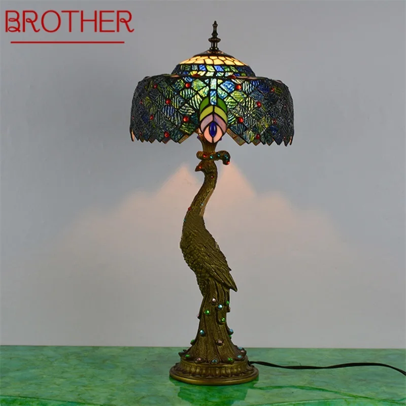 

BROTHER Tiffany Table Lamp Peacock Contemporary Retro Creative Decoration LED Light For Home