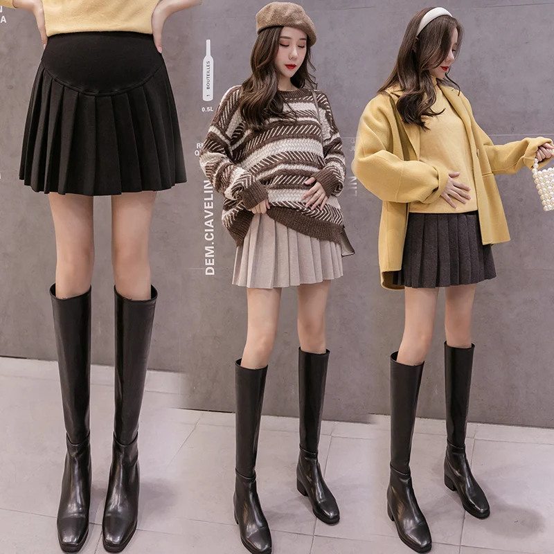 8857# Chis Woolen Maternity Skirts A Line Pleated Belly Mini Skirts Clothes for Pregnant Women Autumn Winter Ins Pregnancy