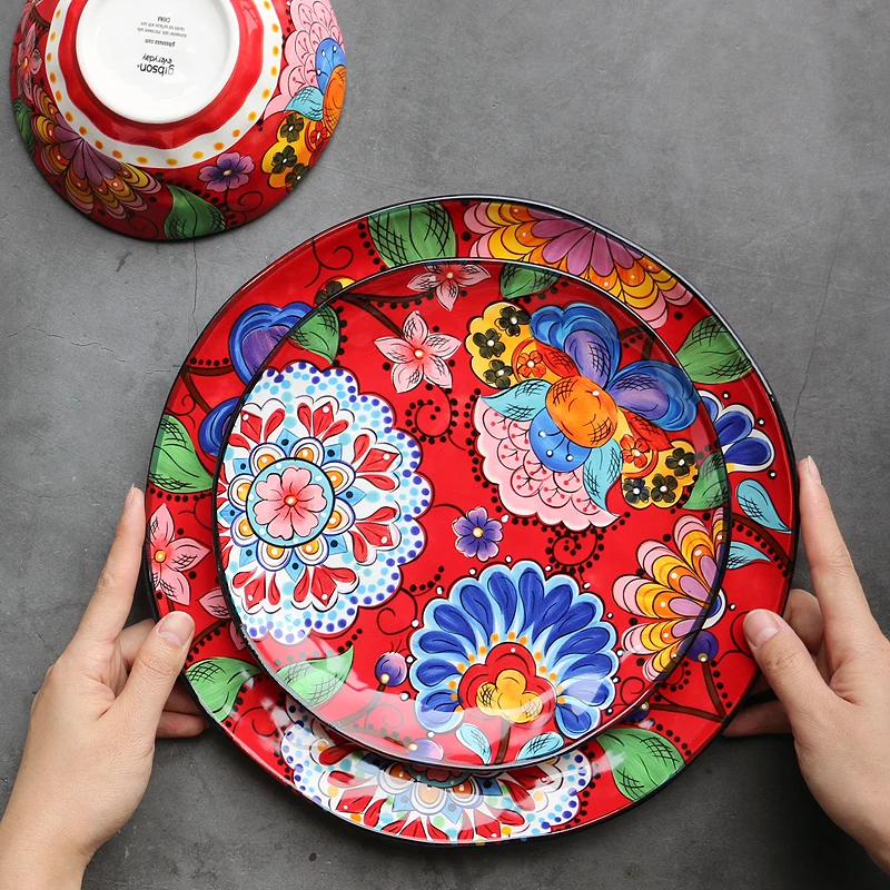 kitchen Individual Hand-painted Creative Western Plate Marriage Red Traditional Chinese Ceramic Tableware Household Vegetable