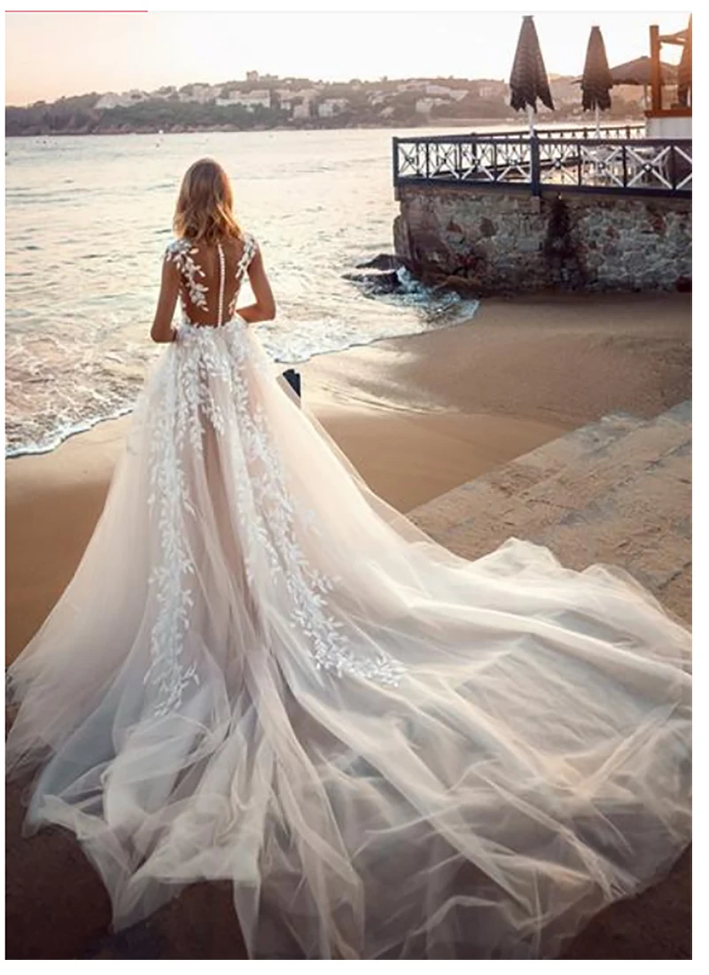 Boho Wedding Dress 2024 Lace Appliques Beach Illusion Back Puff Tulle Bride Gowns Backless vestidos de noiva