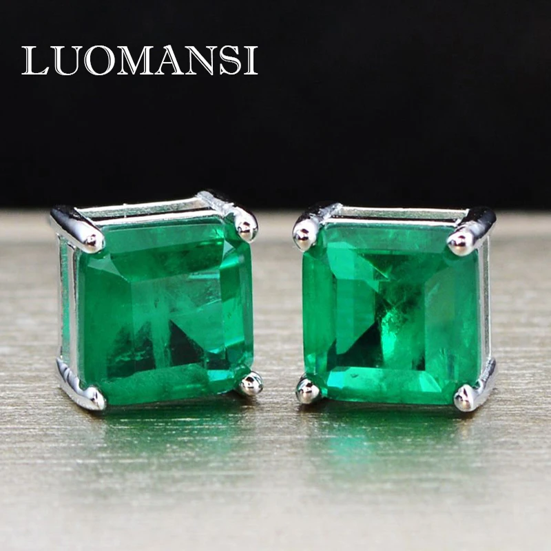 Luomansi 100% Sterling Silver 925 Earrings Natural Green Earrings 3 Carats 7*7 Square Emerald stud Earrings for Women Wholesale