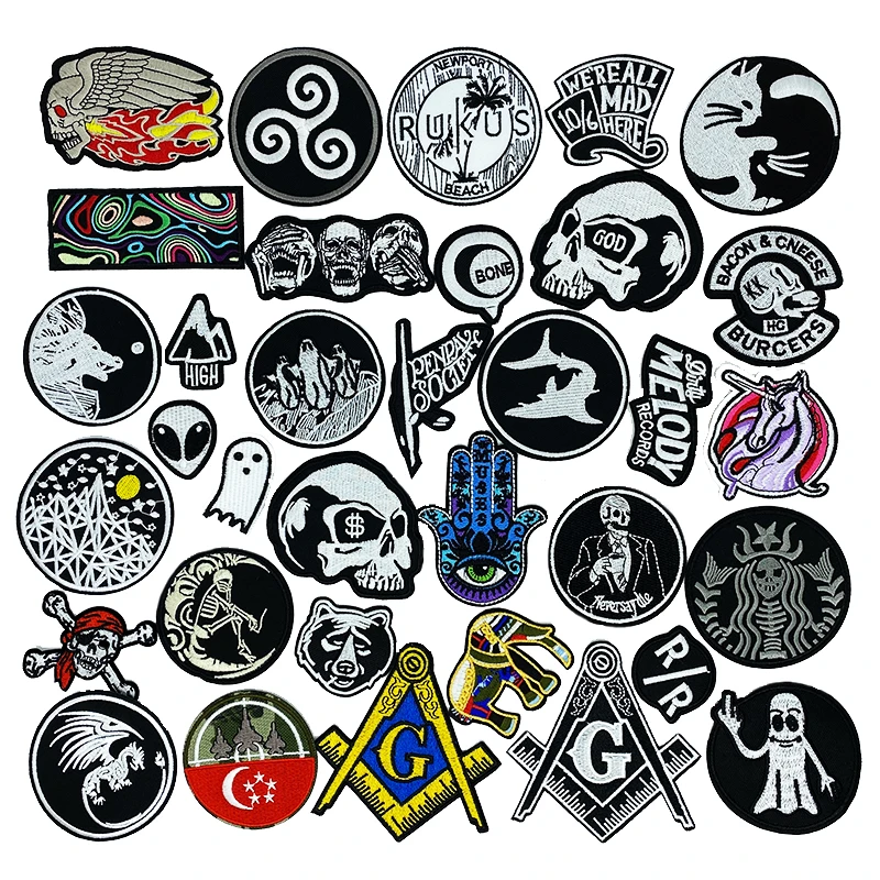 Punk SKULL Black Clothes Patch Round Label Iron on badges Embroidered Stickers Applique for Jacket Jeans Cloth Decoration