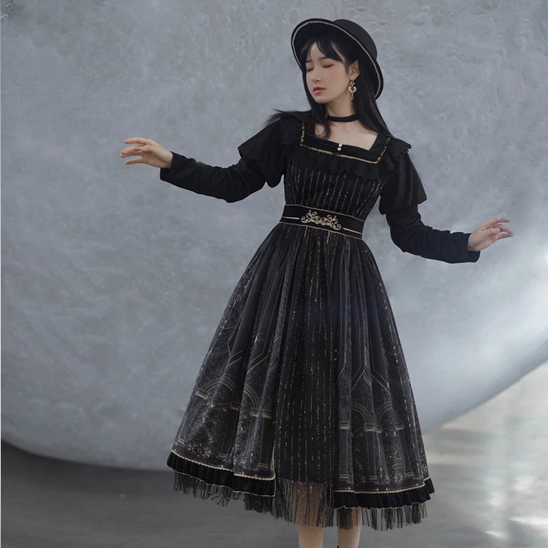 Gothic palace süße prinzessin lolita kleid vintage herbst hohe taille druck viktorianischen kleid kawaii mädchen gothic lolita cos loli