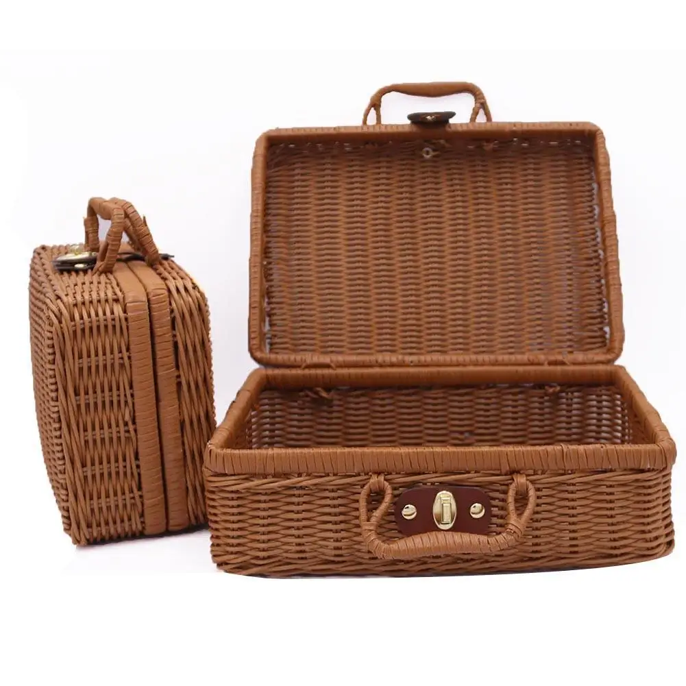 Vintage Portable Handmade Rattan Woven Storage Case Makeup Travel Picnic Luggage Basket Holder Suitcase Sundries Organizer Box