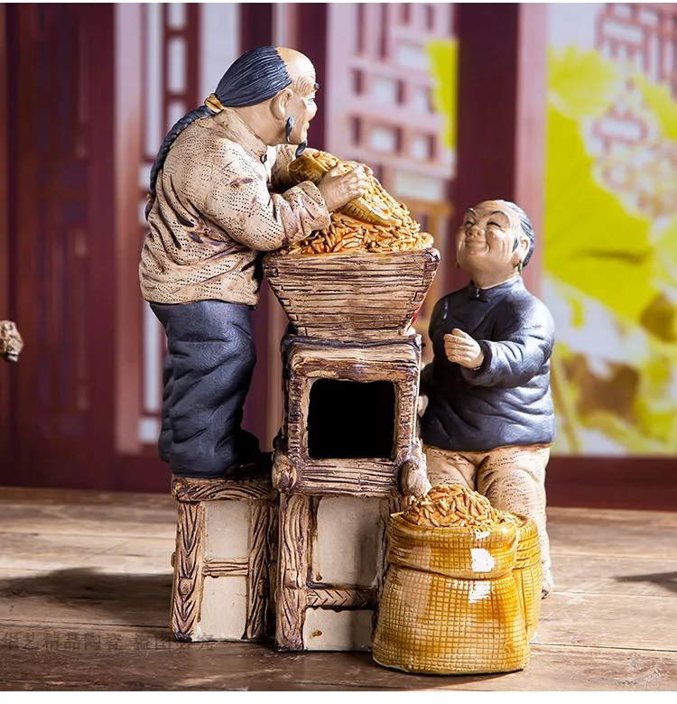 Rare Old Shiwan Kiln Grandpa and Grandma Couple Collecting Grain Ceramic Figures