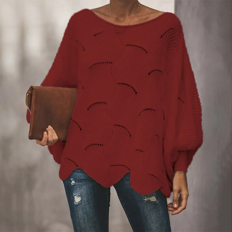 Women Loose Sweater Cloak Casual Soft Lantern Sleeve Hollow Out Pullovers Knit O Neck Wave Hem Solid Female Sweaters