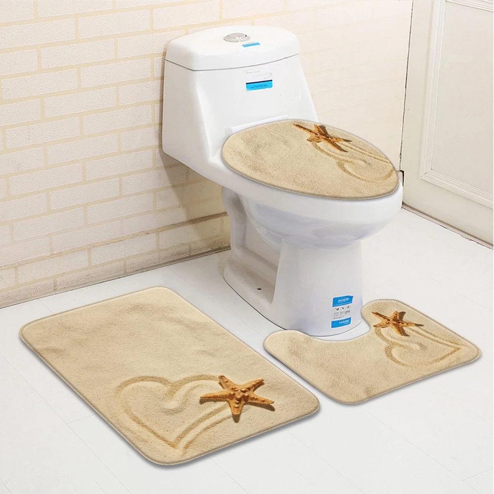 Sandy Beach Bath Rugs Shell Starfish Seaside Seawater 3 Piecet Toilet Cover Non Slip Mat Toilet Seat Accessories Bathroom Decor