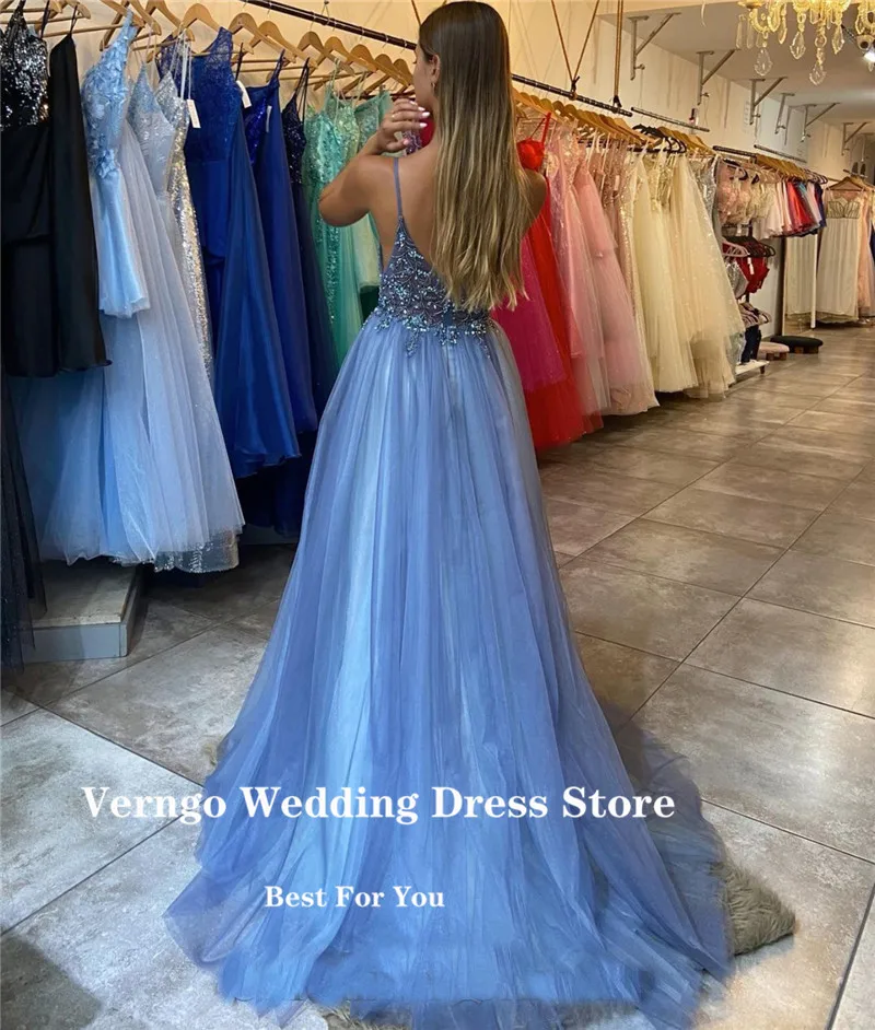 Verngo Blauwe Kralen Tulle Lange Prom Dresses Spaghettibandjes Side Slit Avondjurken Elegante Vrouwen Party Speciale Gelegenheid Jurk