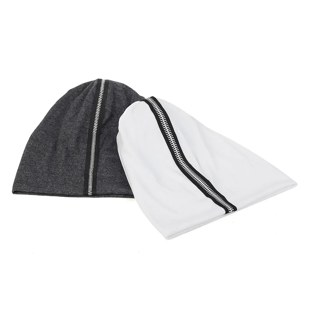 Geebro Women Cotton Soft Comfortable Beanies Casual Novelty Slouchy Zipper Stripe Hats Autumn Solid Color Skullies Cap Bonnet