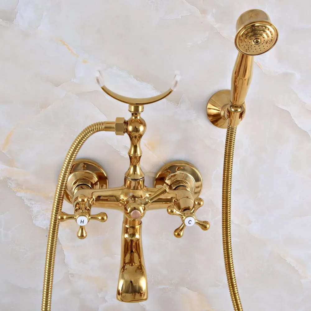 Luxury Gold Color Brass Wall Mounted Bathroom Bath Tub Faucet Set with 1500MM Hand Held Shower Spray Mixer Tap 2na920