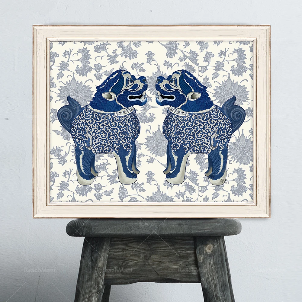 Lucky Foo dog gift, Feng Shui decor, Zen art print, Chinoiserie decor, Chinese decor, Lion dogs wall art, Oriental home decor, C