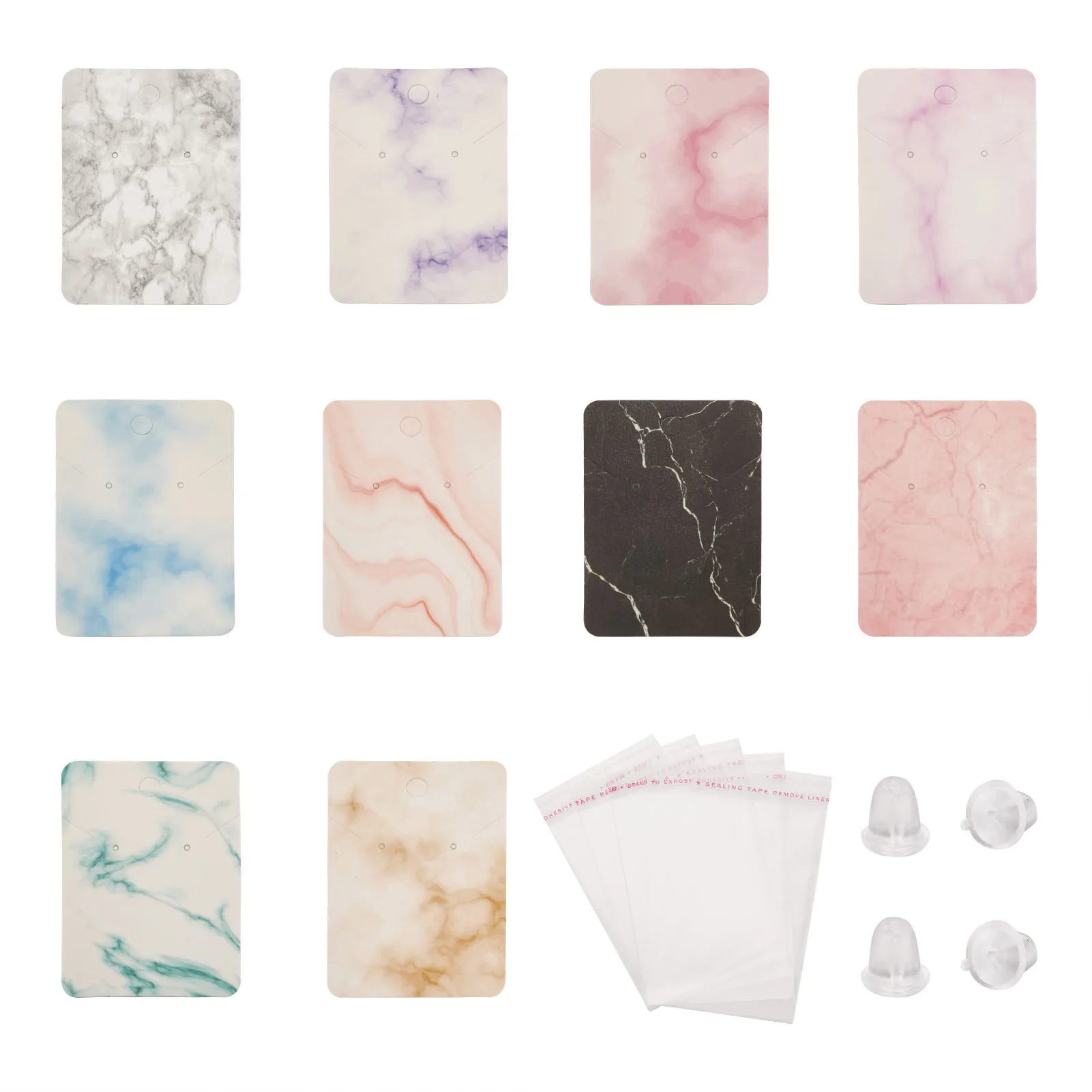 240~250Pcs Rectangle Marble Pattern Paper Necklace Earring Holder Set Display Cards for Earring Studs DIY Jewelry Packaging Kit