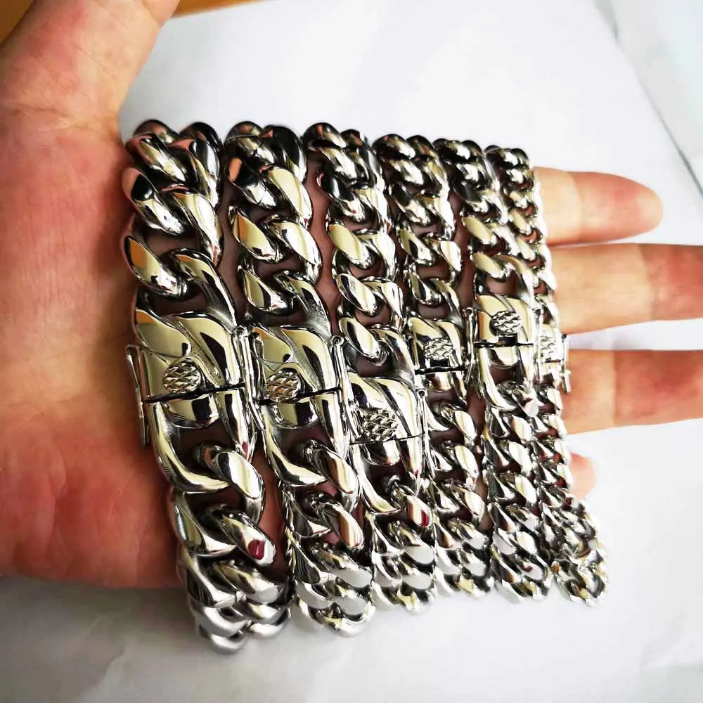 Top Quality 316L Stainless Steel Miami Curb Cuban Chain Link Men Bracelet Dragon Lock Clasp Hip Hop Women Silver Plated Jewelry