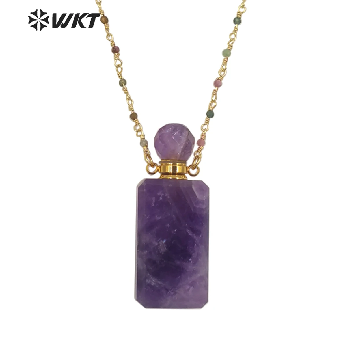 

WT-N1276 Wholesale Natural Long Square Stone Perfume Bottle Necklace Colorful Tourmaline Beads Rosary Chain Bottle