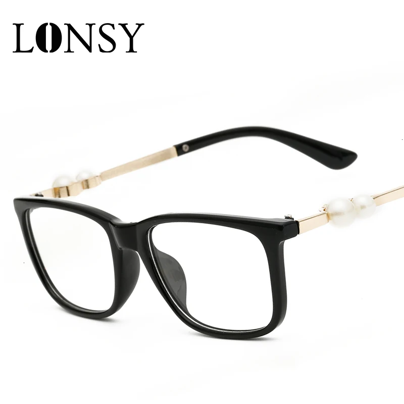 LONSY Fashion Women Glasses Optical Frame Pearl Square Glasses Frame Retro Eyeglasses Computer Glasses Clear Transparent Glasses