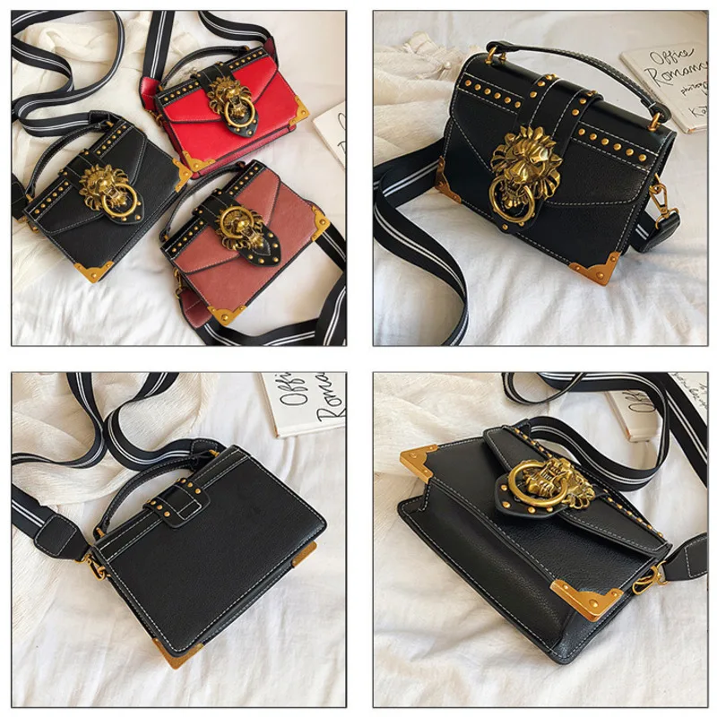 Female Fashion Handbags Luxury Girls Crossbody Bags Tote Woman Metal Lion Head Brand Shoulder Purse Mini Square Messenger Bag