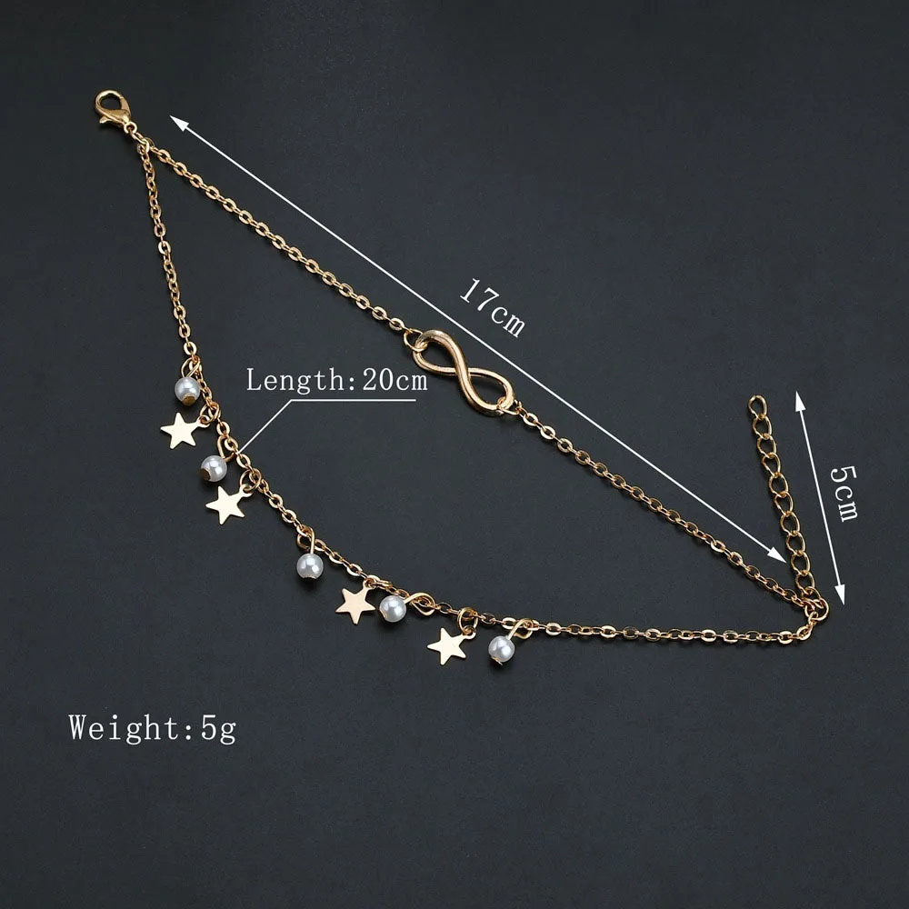 Simple Tassel Double Star Pearl 8 Word Female Anklet Barefoot Crochet Sandals Foot Jewelry New Ankle Bracelet Female Leg Chain