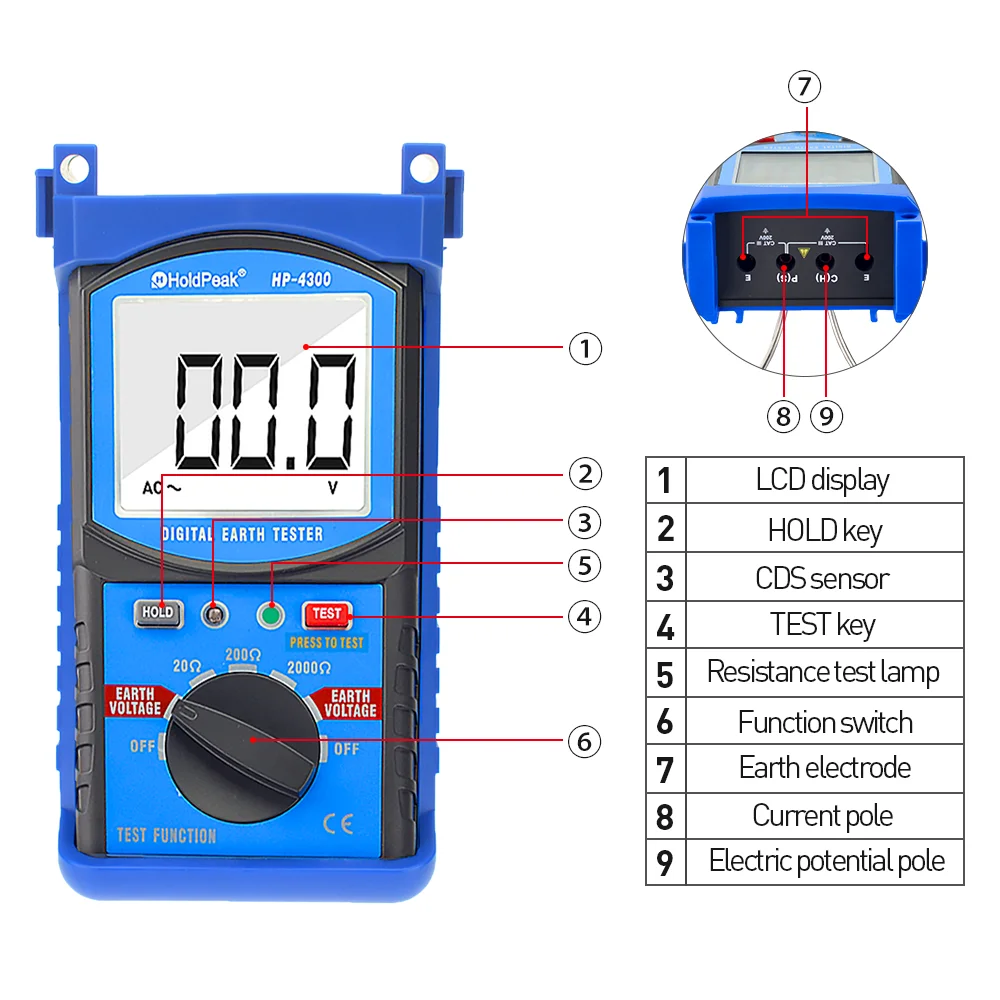 Holdpeak hp-4300接地抵抗テスターlcdデジタル接地電圧メガオームメーター電圧計電圧計