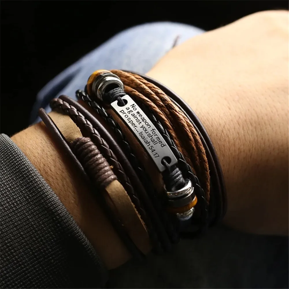 Multi-Layer 3 Pcs/Set Black Brown Leather Bracelets Men Women Wood Beads TRUST IN GOD Cross Charm Bangle Homme Gift Jewelry