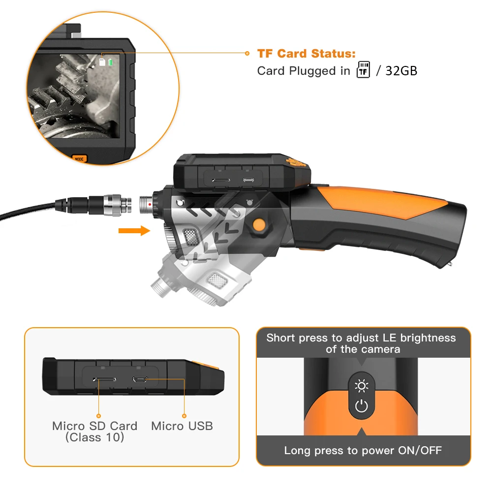 TESLONG NTS300 2.0MP Industrial Inspection Camera For Car Pipe 1080P 3.9mm Lens Snake Tube Hard Wire Borescope with 32GB Card