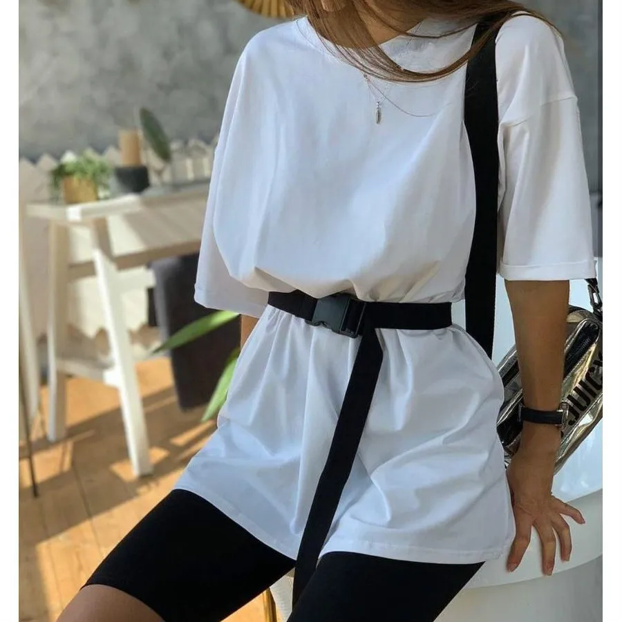 Women's Two Piece Set Short-Sleeve Round Collar T-shirt +Smallclothes Suit Casual Loose Womens Outfits With Belt Biker Shorts