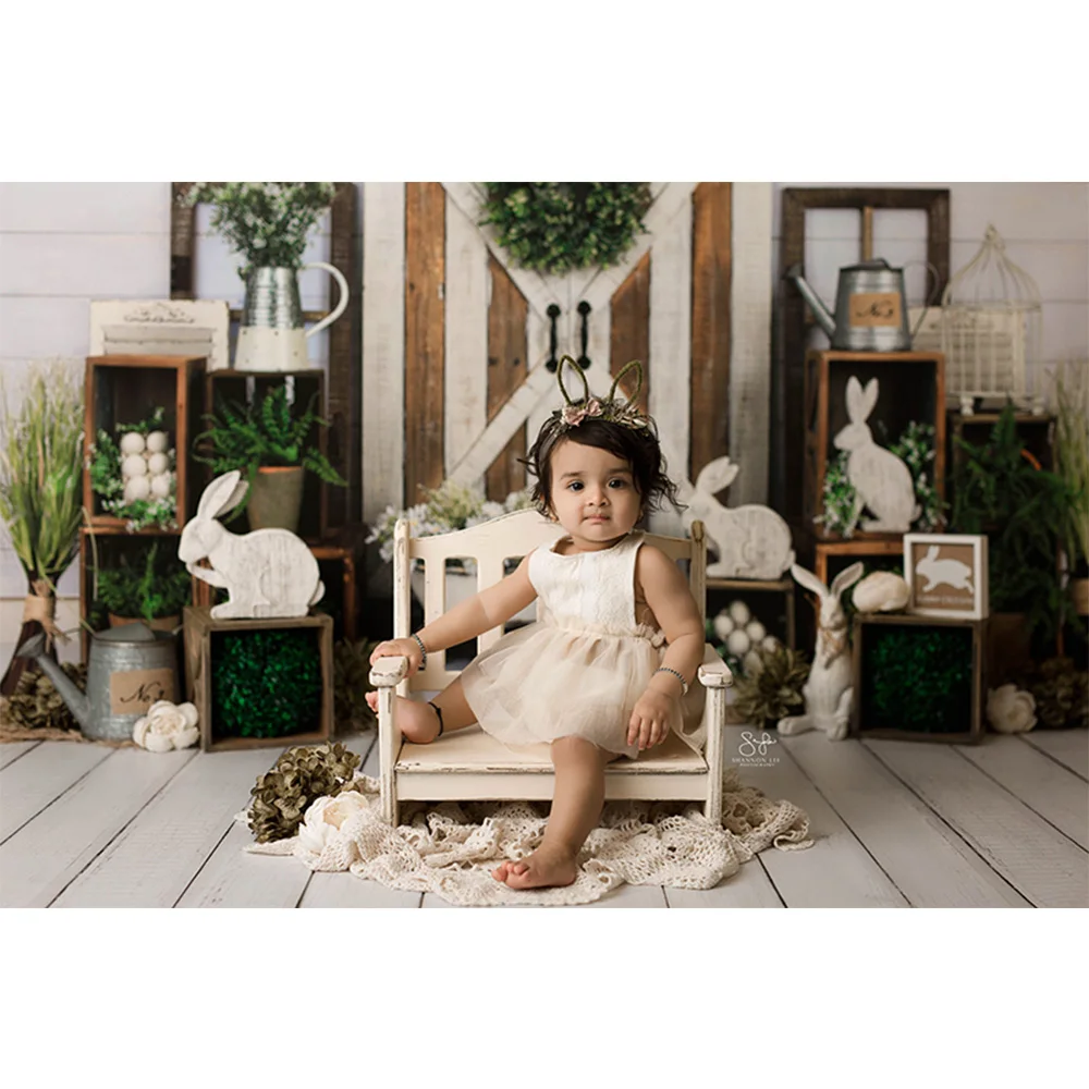 Eatser Children Backdrop Photography Spring  Green Newborn Bunny Kids Birthday Art Brick Wall Background Wood Board Photo Studio