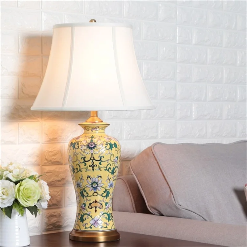 OURFENG LED Table Lamp Ceramic Copper Luxury Desk Light Fabric Bedside Decorative for Home Dining Room Bed Room Office