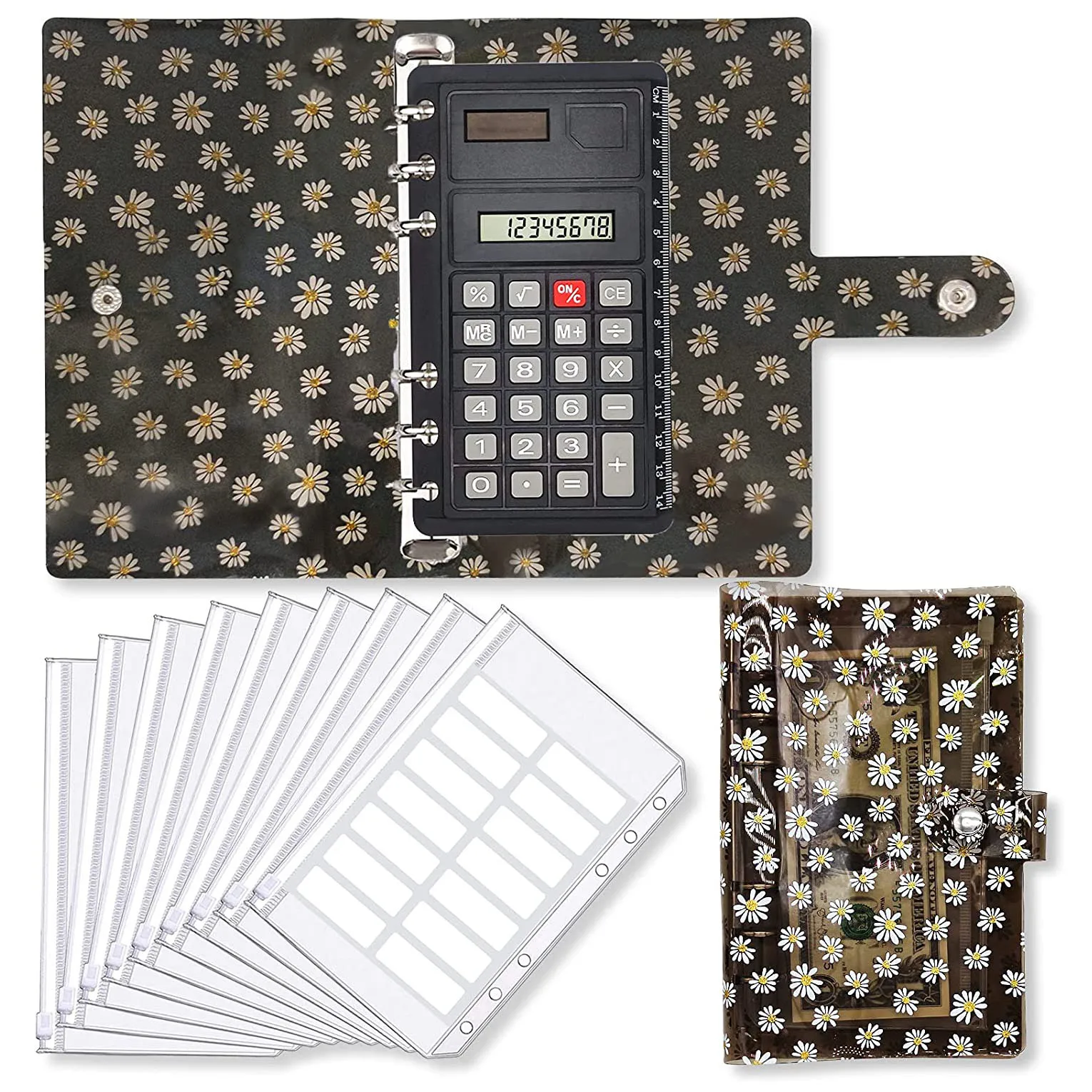 A6 Clear Daisy Binder Budget Notebook and 12 Binder Zipper Pockets, Refillable Folders Cash Envelopes Planner Wallet Organizer