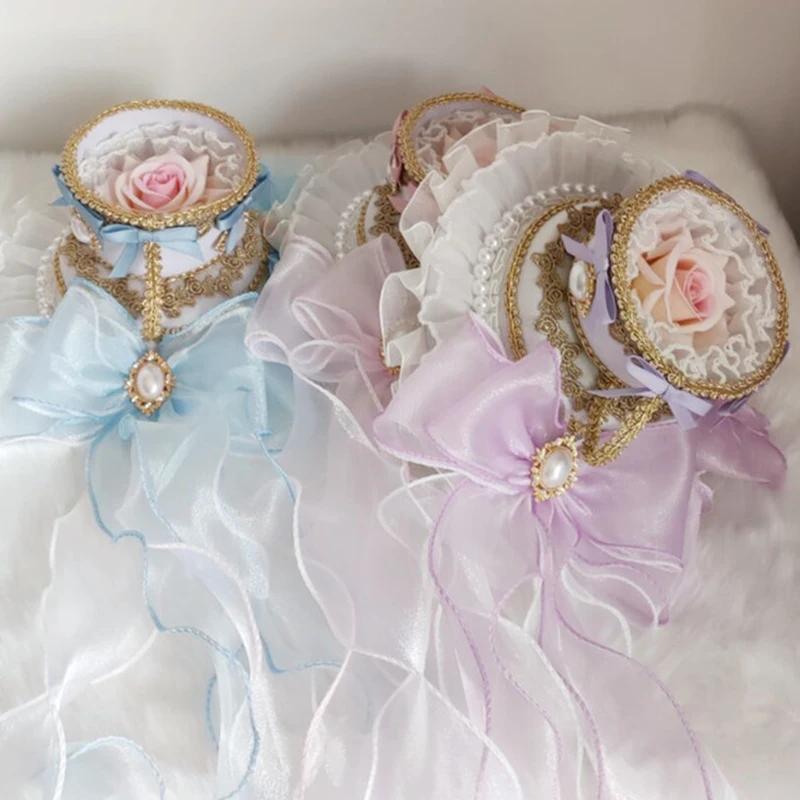 4Colors Lolita Round Ruffled Lace Bow Pearl Pendant Top Hat Vintage Yarn Royal Anime Cosplay Cap Soft Tea Party Bonnet Hair Clip