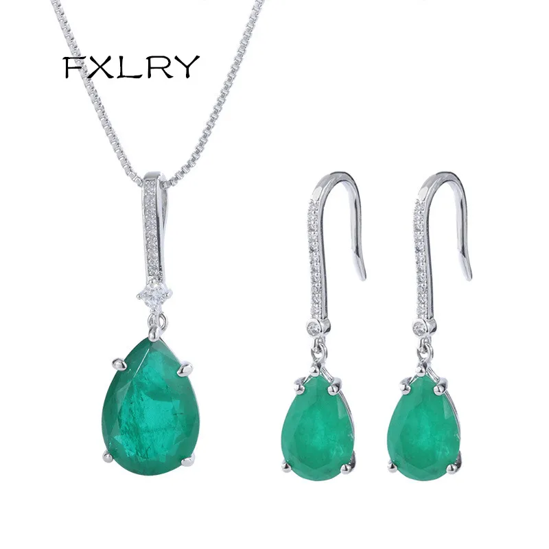 

FXLRY High Quality AAA Cubic Zirconia Vintage Water Drop Shape Drop Green CZ Necklace Earring For Women Jewelry Sets