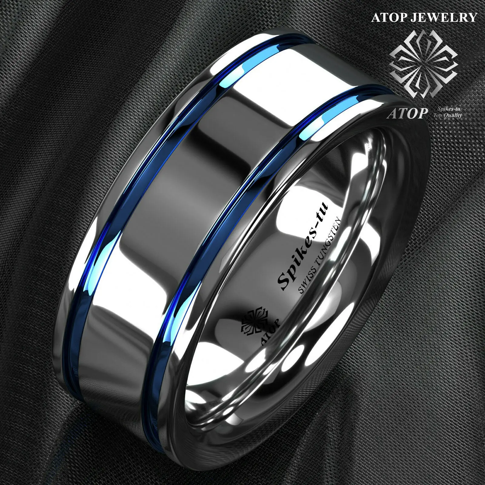 8Mm Men\'s Tungsten Carbide ring Double Blue Stripe Wedding Band Ring Comfort Fit Free Shipping