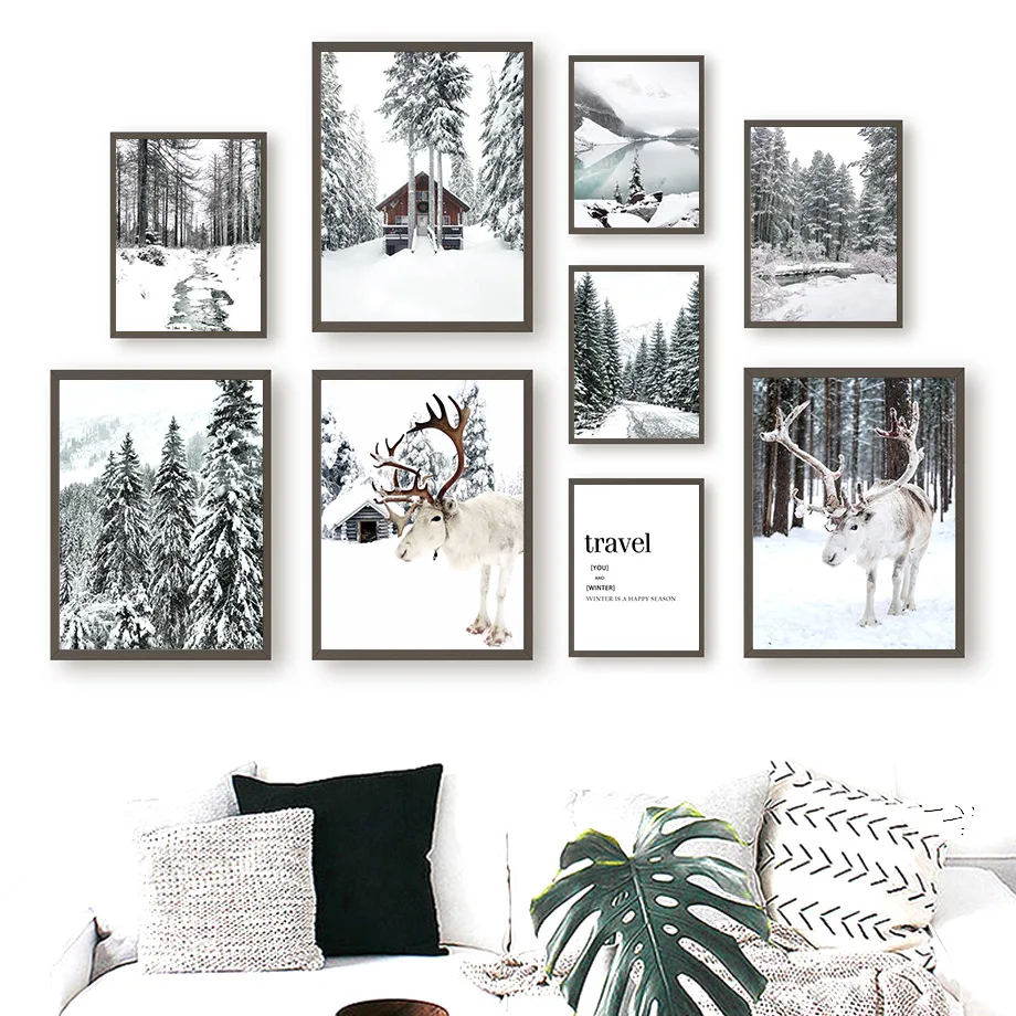 Reindeer Cedar Winter Snow Forest House Canvas Painting Nordic Posters and Prints Wall Art Wall Pictures for Living Room Decor