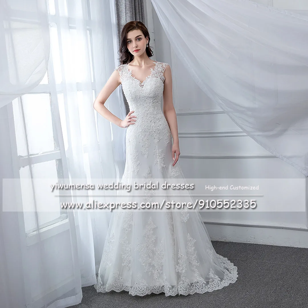 A89 Factory Custom Made Robe De Princesse Femme V Neck Wedding Dress Boho Cap Sleeves Vintage Bridal Gown Mermaid Dresses 2020