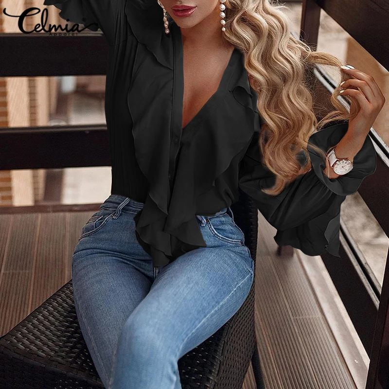 Women\'s Elegant Shirt Celmia Sexy V neck Long Sleeve Casual Ruffles Shirt Button Solid Street Blusas OL Party Tops