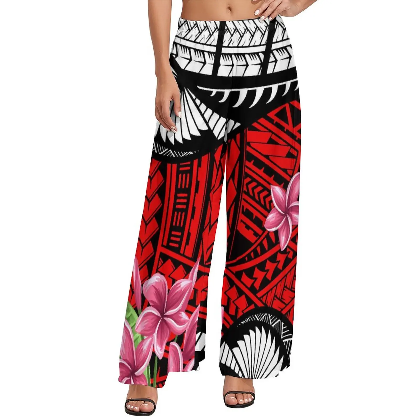 Polynesian Tribal Maroon Background With Plumeria Prints Lady playful Cropped Pants Custom Oversize Wide Leg Pants Best Selling