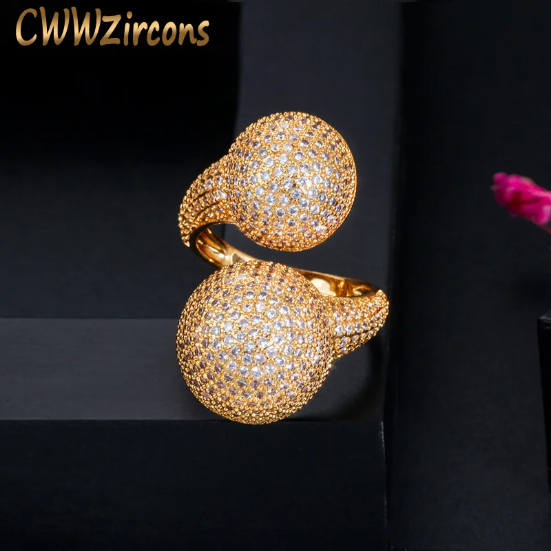 CWWZircons Adjustable Micro Pave Cubic Zirconia Ball Gold Color Fashion Ladies Engagement Finger Rings for Wedding Party R151